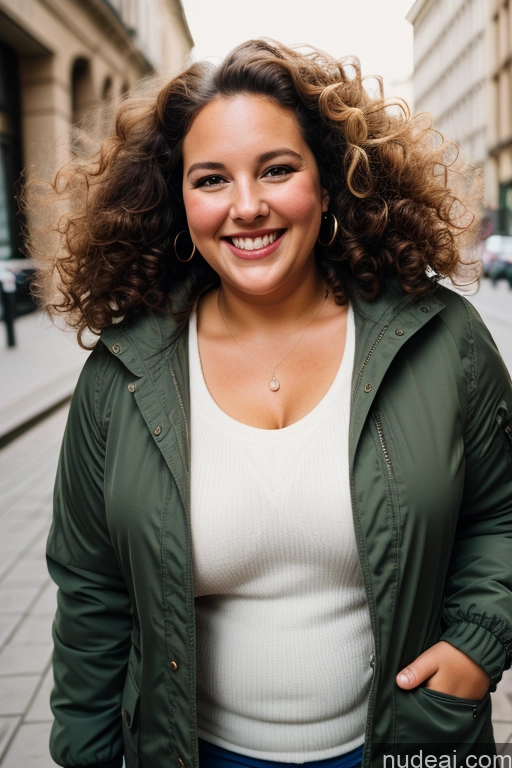 ai nude image of smiling woman in green jacket and white top standing on sidewalk pics of Woman One Chubby Happy Curly Hair French Film Photo Street Front View 60s Bomber Casual Parka