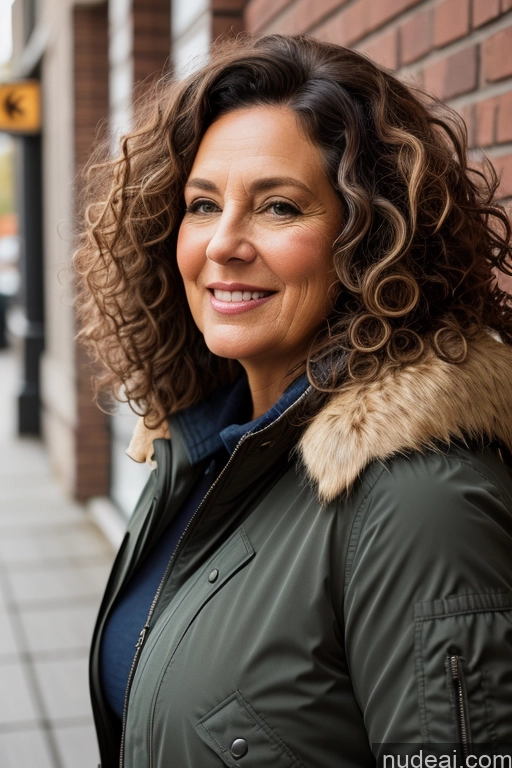 ai nude image of smiling woman with curly hair and a green jacket on a city street pics of Woman One Chubby 60s Brunette Curly Hair Front View Casual Bomber Parka German