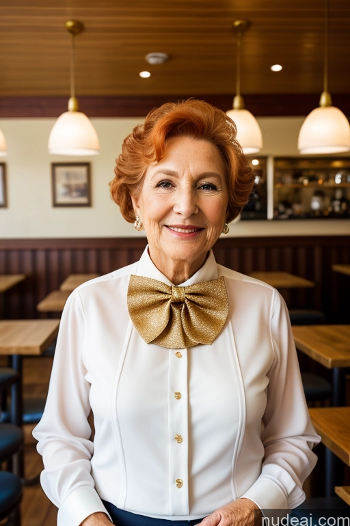 ai nude image of smiling woman in white shirt and gold bow tie in restaurant pics of Woman 70s Cafe Blouse Bow Tie Bows Jacket Long Skirt Tie Diamond Jewelry Gold Jewelry Jewelry Pearl Jewelry Ginger