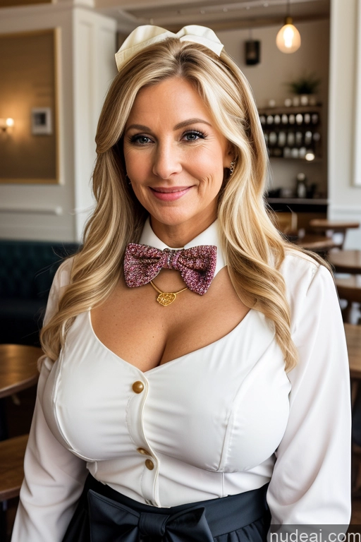 ai nude image of blonde woman with a bow tie posing for a picture in a restaurant pics of Woman 70s Cafe Blouse Bow Tie Bows Jacket Long Skirt Tie Diamond Jewelry Gold Jewelry Jewelry Pearl Jewelry Blonde Huge Boobs