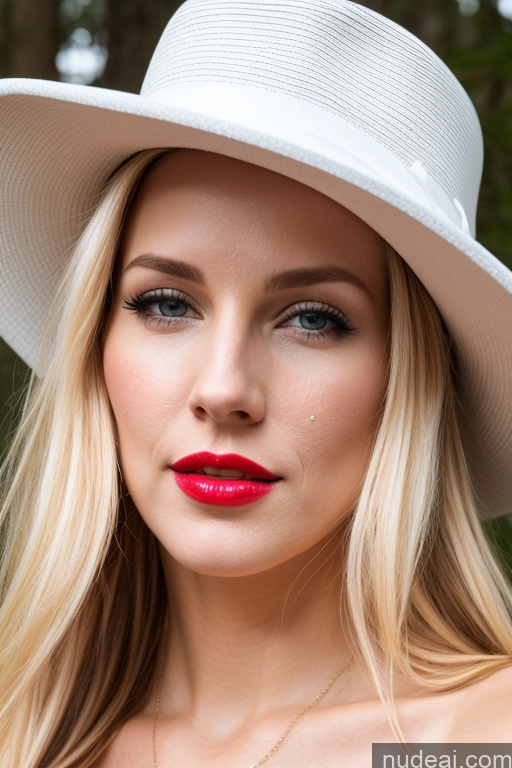 ai nude image of blonde woman with bright red lipstick and white hat posing for a picture pics of Woman One Perfect Boobs Beautiful Lipstick Perfect Body Fairer Skin 30s Blonde Slicked Czech Front View Cumshot Hat Simple