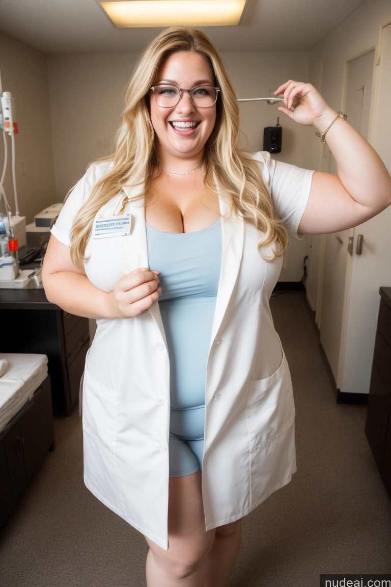 ai nude image of pregnant woman in a lab coat and glasses posing for a picture pics of Woman One Busty Chubby Fat Perfect Body Pubic Hair Fairer Skin 30s Laughing Blonde Long Hair White 3d Cleavage Jewelry Dark Lighting Detailed Glasses Happy Hospital Lab Coat