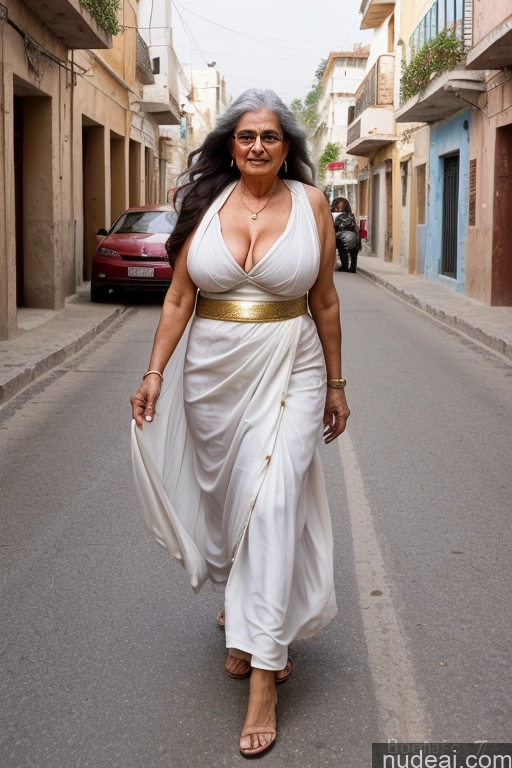 ai nude image of araffe woman in a white dress walking down a street pics of Busty Big Ass 70s Sexy Face Long Hair Indian Milf Street Greek Clothes