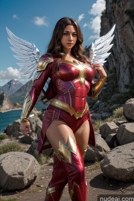 ai nude image of araffe woman in a red costume with wings and a sword pics of Mary Thunderbolt Powering Up Superhero Cosplay Neon Lights Clothes: Red Busty Small Tits Abs Science Fiction Style Dynamic View Muscular Superheroine Has Wings