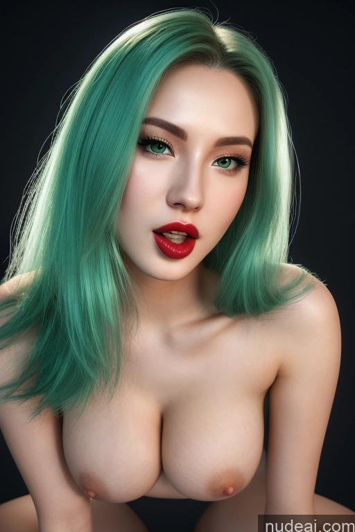 ai nude image of arafed woman with green hair and red lips posing naked pics of Woman + Man Busty Perfect Boobs Beautiful Lipstick Perfect Body Fairer Skin 18 Seductive Long Hair Chinese 3d Blowjob Bright Lighting Detailed Green Hair Close-up View