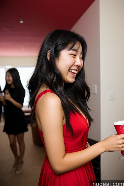 ai nude image of smiling woman in red dress holding a red cup and smiling pics of Woman One 18 Black Hair Korean Laughing Dress Front View Party