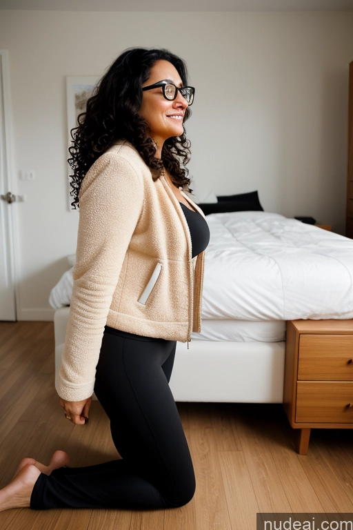 ai nude image of woman in black leggings and a beige jacket standing in a bedroom pics of Woman One Glasses Orgasm Serious Sexy Face Seductive Black Hair Italian Film Photo Bedroom High Heels Yoga Pants Front View Short 70s Curly Hair Jacket On Back