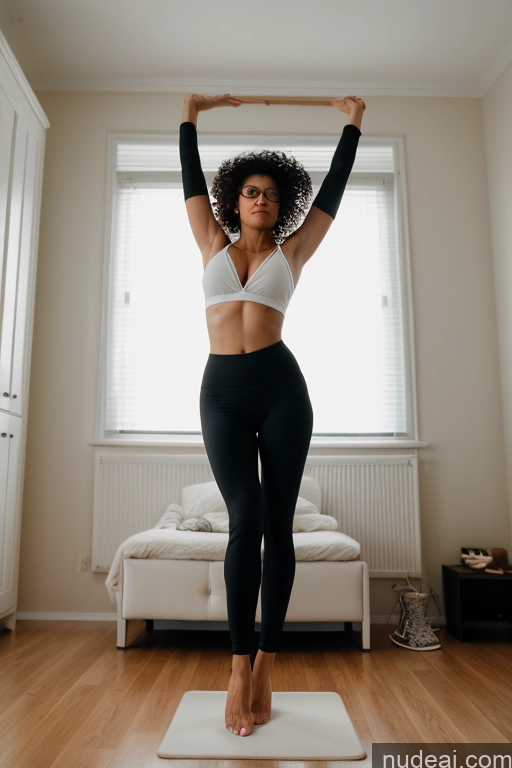 ai nude image of woman standing on a yoga mat in a room with a window pics of Woman One Glasses Orgasm Serious Sexy Face Seductive Black Hair Italian Film Photo Bedroom High Heels Yoga Pants Front View Short 70s Curly Hair Jacket T-pose