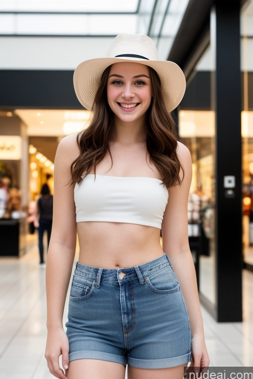 ai nude image of arafed woman in a white top and blue shorts and a hat pics of Fairer Skin 18 White One Brunette Straight Front View Jeans Topless Happy Hat Mall