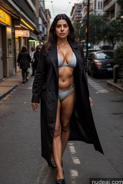 Milf One Busty Long Hair Indian Street 70s Dark Lighting Doctor Cleavage Lab Coat Microkini Oversized Clothing Coat