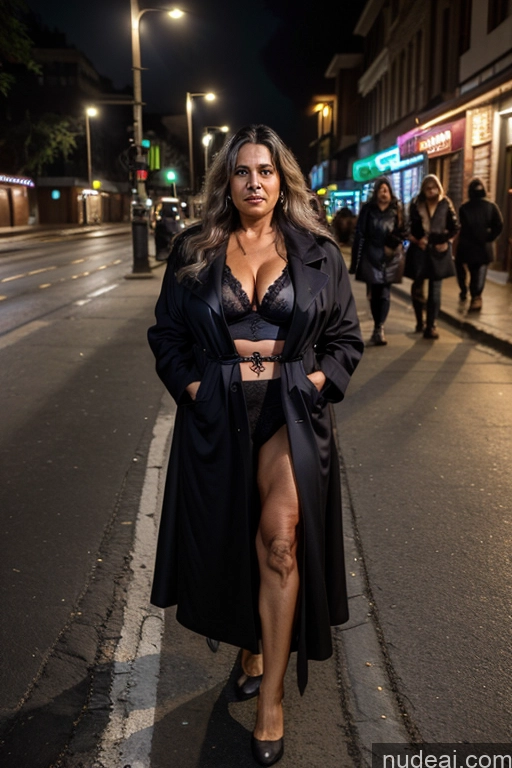 Milf One Busty Long Hair Indian Street 70s Dark Lighting Cleavage Oversized Clothing Coat Thong