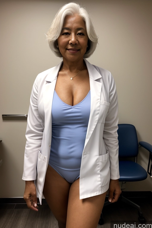 ai nude image of there is a woman in a white lab coat and blue swimsuit pics of Woman Small Tits Beautiful Thick Perfect Body Pubic Hair Dark Skin 70s White Hair Pixie Japanese Hospital Blouse Doctor Lab Coat Nurse Cleavage Partially Nude Dark Lighting