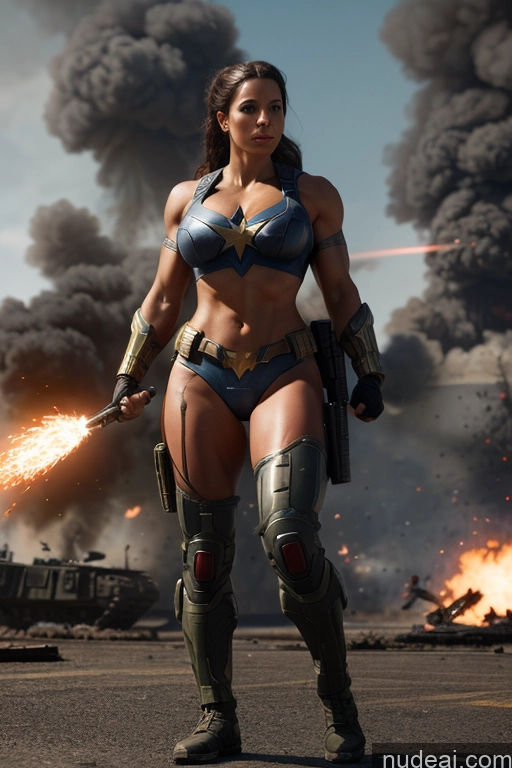 ai nude image of arafed woman in a bikini and armor holding a gun pics of Superhero Military Busty Small Tits Muscular Abs Front View Superheroine Battlefield Powering Up Science Fiction Style