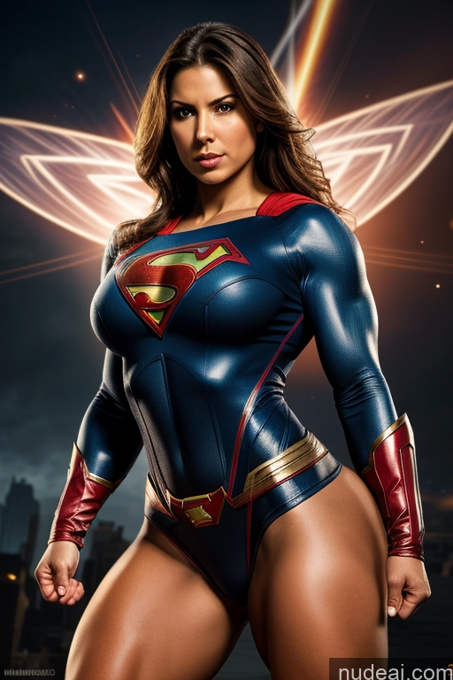 ai nude image of a woman in a superman costume posing for a picture pics of Superhero Military Busty Small Tits Muscular Abs Front View Superheroine Powering Up