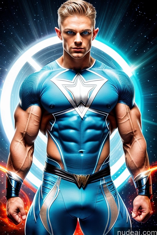 ai nude image of a close up of a man in a blue costume with a ring around his neck pics of Superhero Military Muscular Abs Powering Up Science Fiction Style WhiteHairBlueEye Dynamic View Deep Blue Eyes Bodybuilder