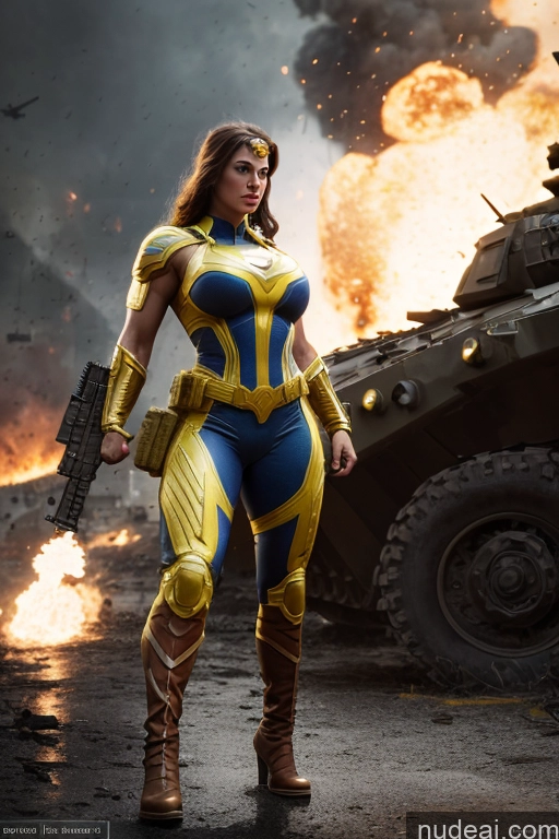 ai nude image of araffe woman in a yellow and blue costume standing in front of a tank pics of Military Front View Busty Small Tits Muscular Abs Superheroine Ukraine Battlefield Superhero Neon Lights Clothes: Yellow