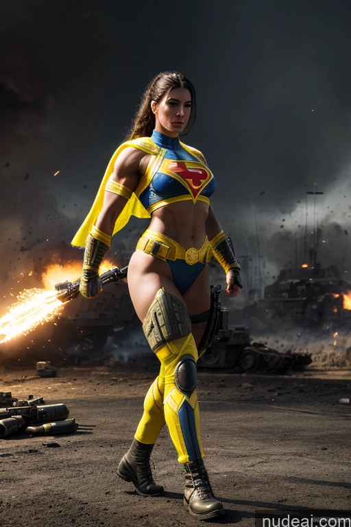 ai nude image of arafed woman in a yellow and blue costume with a fireball pics of Military Front View Muscular Abs Superheroine Ukraine Battlefield Superhero Neon Lights Clothes: Yellow