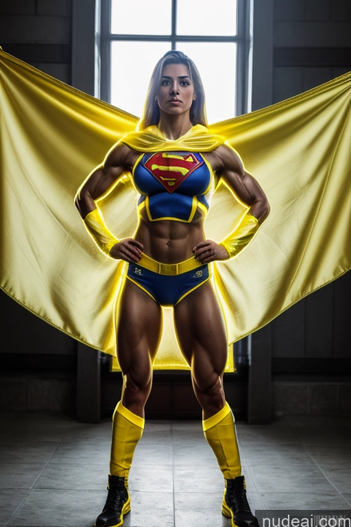 ai nude image of arafed woman in a superman costume posing with a yellow cape pics of Military Front View Muscular Abs Superheroine Ukraine Neon Lights Clothes: Yellow