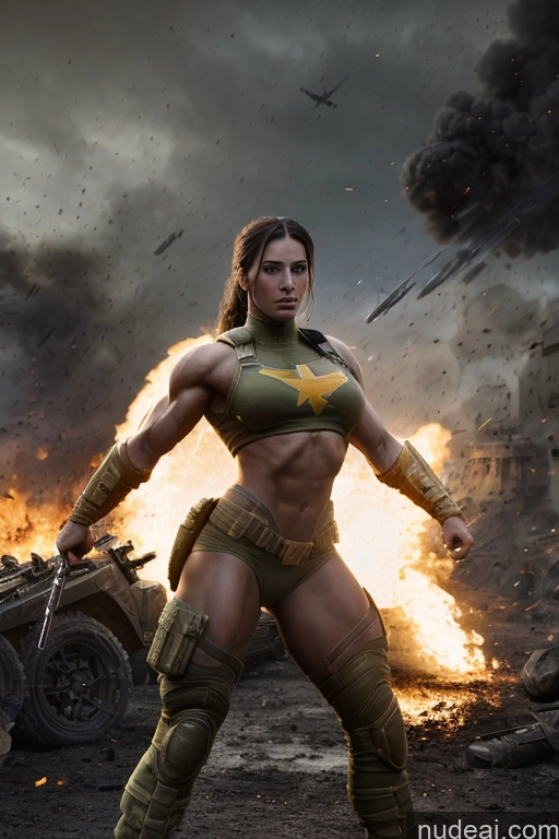 ai nude image of araffe woman in a green outfit with a gun and a tank pics of Military Front View Muscular Abs Superheroine Ukraine Neon Lights Clothes: Yellow Battlefield Regal