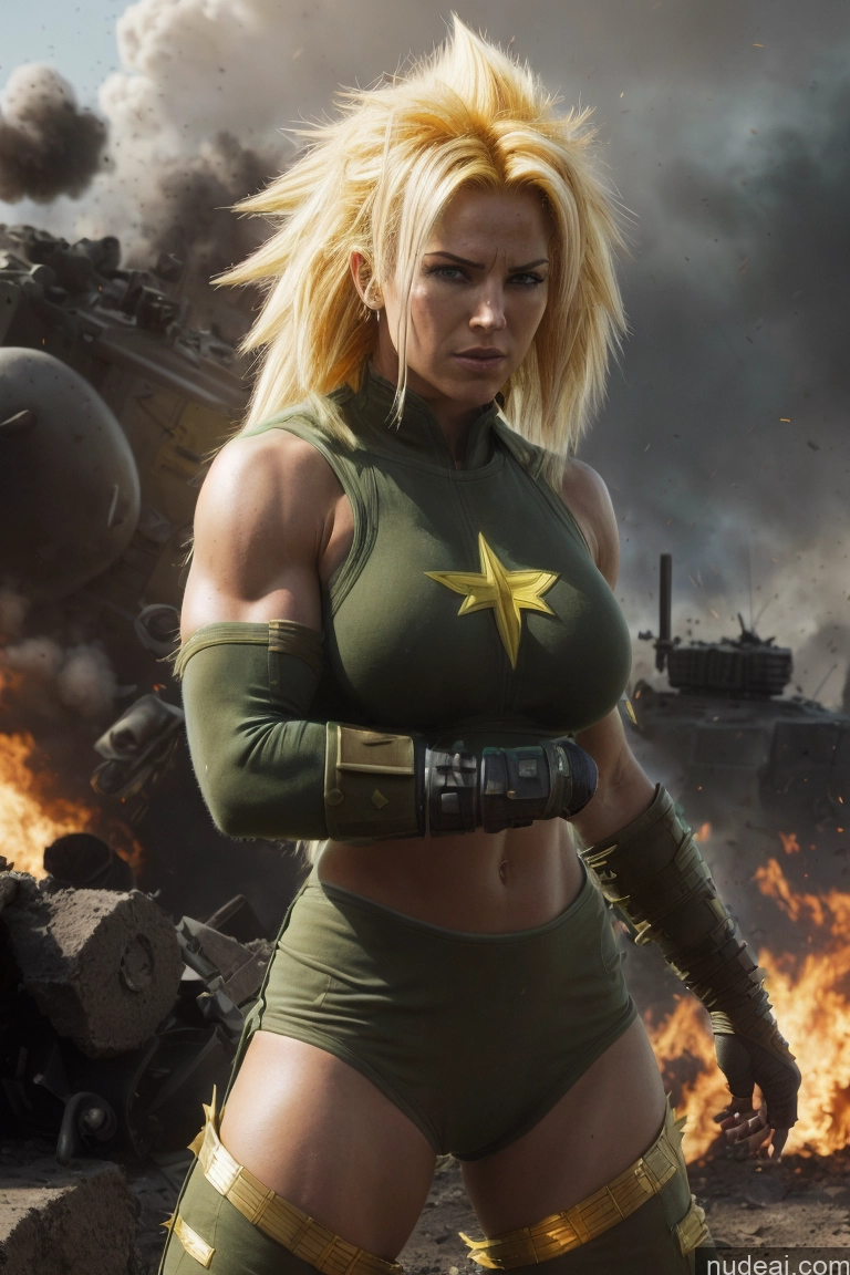 ai nude image of blond woman in green outfit posing in front of a tank pics of Military Front View Muscular Abs Superheroine Ukraine Super Saiyan 3 Neon Lights Clothes: Blue Super Saiyan Superhero Busty Small Tits Battlefield