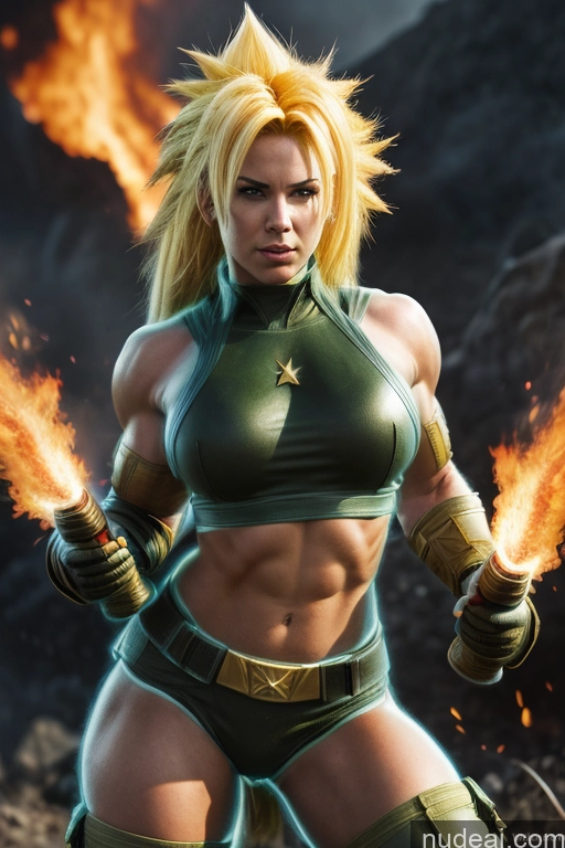 Military Front View Muscular Abs Superheroine Ukraine Super Saiyan 3 Neon Lights Clothes: Blue Super Saiyan Superhero Busty Small Tits Battlefield Cosplay