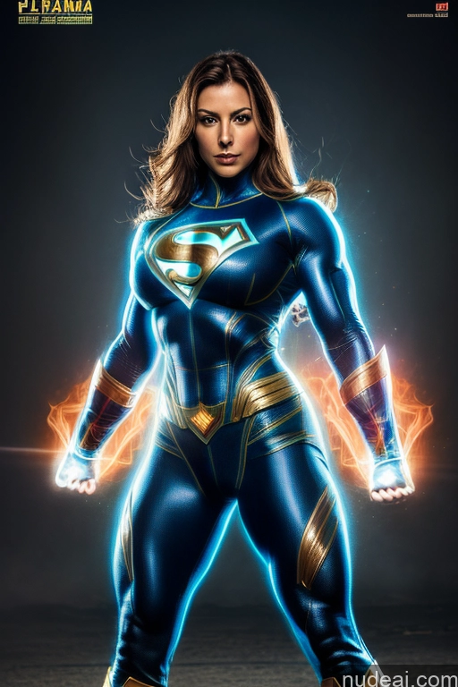 ai nude image of a close up of a woman in a blue costume with a glowing cape pics of Military Front View Muscular Abs Superheroine Ukraine Neon Lights Clothes: Blue Superhero Busty Small Tits Powering Up