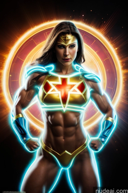 ai nude image of a woman in a costume with a glowing light on her chest pics of Military Front View Muscular Abs Superheroine Ukraine Neon Lights Clothes: Blue Superhero Busty Small Tits Powering Up Regal