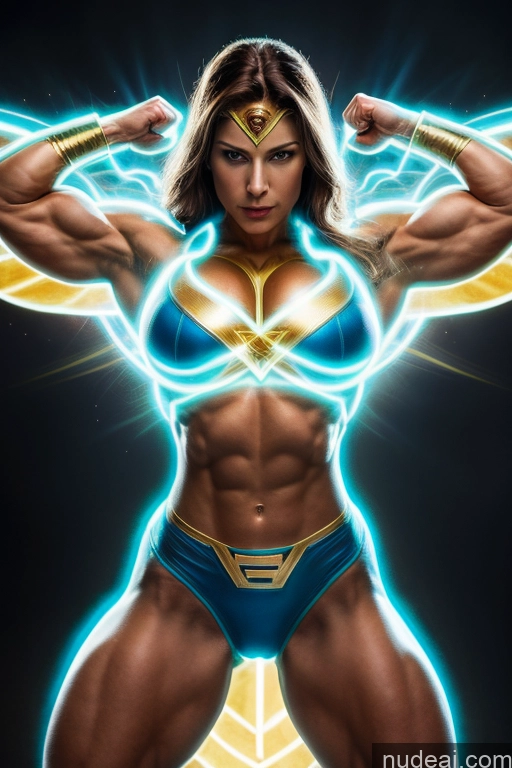 ai nude image of a woman in a blue and gold costume posing for a picture pics of Military Front View Muscular Abs Superheroine Ukraine Neon Lights Clothes: Blue Busty Small Tits Powering Up Regal