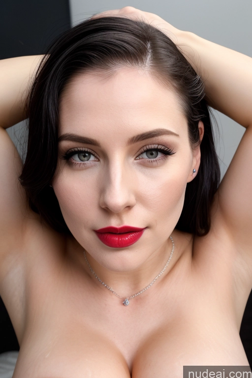 ai nude image of arafed woman with a red lipstick and a necklace on her chest pics of Model One Perfect Boobs Beautiful Lipstick Perfect Body Fairer Skin 30s Black Hair Slicked French Cumshot Simple Jewelry Teacher