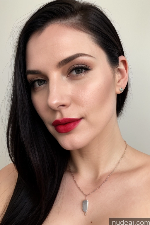 ai nude image of a close up of a woman with a necklace and a necklace on pics of Model One Perfect Boobs Beautiful Lipstick Perfect Body Fairer Skin 30s Black Hair Slicked French Cumshot Simple Jewelry Teacher