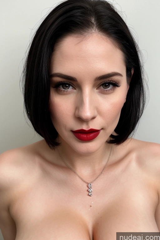 ai nude image of arafed woman with a red lipstick and a necklace on her chest pics of Model One Perfect Boobs Beautiful Lipstick Perfect Body Fairer Skin 30s Black Hair Slicked French Cumshot Simple Jewelry Teacher