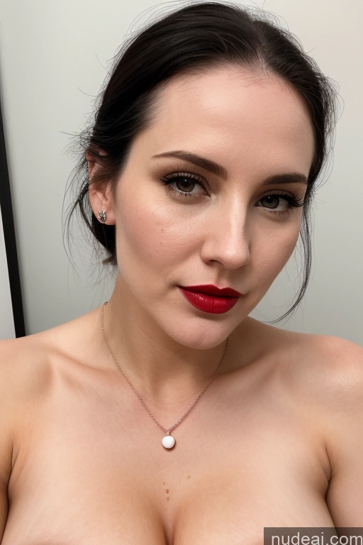 ai nude image of there is a woman with a red lipstick and a necklace on pics of Model One Perfect Boobs Beautiful Lipstick Perfect Body Fairer Skin 30s Black Hair Slicked Cumshot Simple Jewelry Teacher French