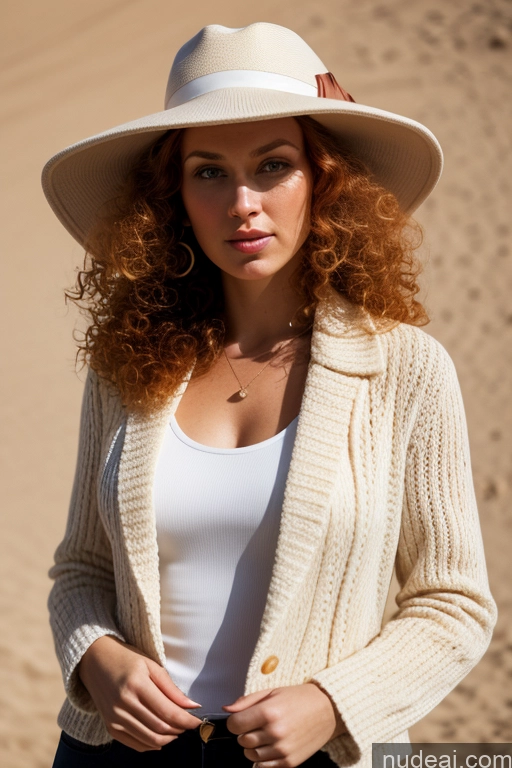 ai nude image of arafed woman wearing a white hat and a white sweater pics of Woman One 30s Serious Ginger Curly Hair White Soft + Warm 60s Hat