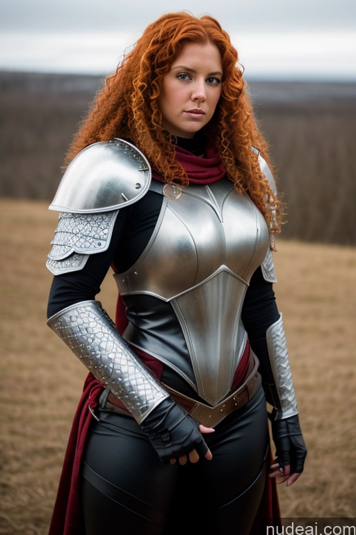 ai nude image of arafed woman in armor poses for a picture in a field pics of Woman One Serious Ginger Curly Hair Soft + Warm Big Ass White 30s Beautiful Fantasy Armor