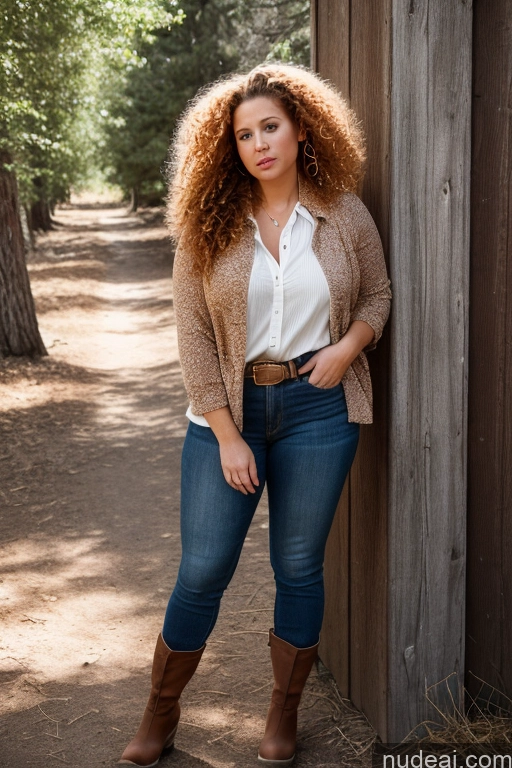 ai nude image of arafed woman leaning against a wooden wall in a wooded area pics of Woman One Serious Ginger Curly Hair Big Ass White 30s Beautiful Boots 60s