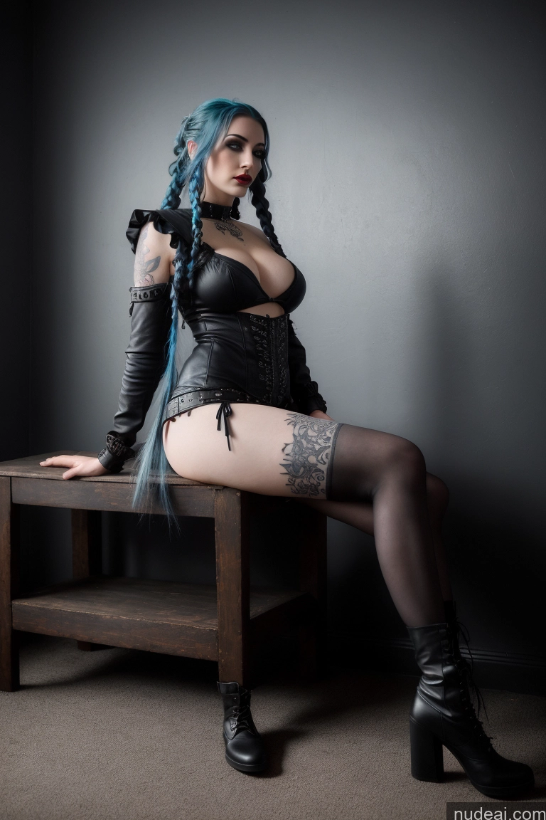 ai nude image of araffe woman with blue hair sitting on a bench in a black outfit pics of One Perfect Boobs Fairer Skin Lipstick Long Legs 30s Dark Fantasy Dark Lighting Woman Braided Goth Boots Big Hips Tattoos Dress German T-pose Leather Blue Hair