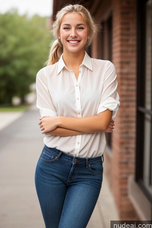 related ai porn images free for Woman One 18 Happy Blonde Ponytail White Front View Jeans Dark Lighting Blouse