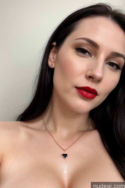 ai nude image of arafed woman with a red lipstick and a black necklace pics of One Beautiful Lipstick Perfect Body Fairer Skin 30s Slicked French Cumshot Simple Model Teacher Jewelry Black Hair Perfect Boobs