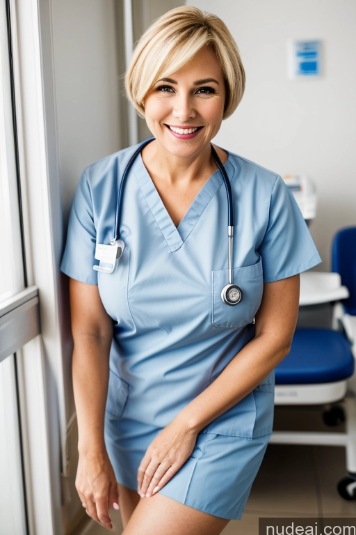 ai nude image of arafed woman in a blue scrub suit standing by a window pics of Milf Busty Beautiful Perfect Boobs 40s Happy Blonde Short Hair British Hospital Nurse Detailed