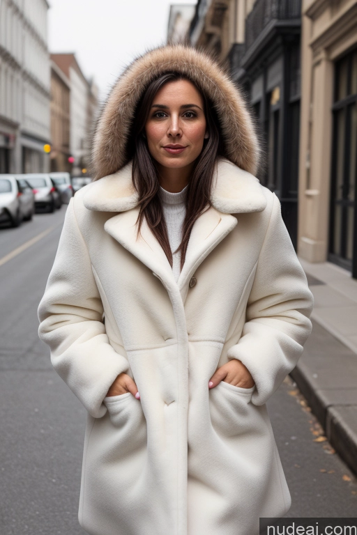 ai nude image of woman in a white coat and a white sweater standing on a street pics of Woman One Beautiful 30s Brunette Slicked White Street Fur