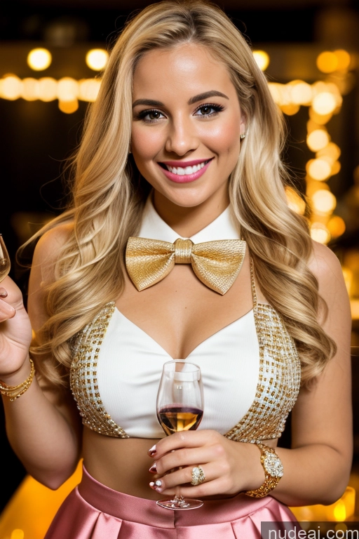 ai nude image of blonde woman in a white top and pink skirt holding a glass of wine pics of Woman 20s Happy Blonde White Club Blouse Bow Tie Bows Jacket Long Skirt Tie Diamond Jewelry Gold Jewelry Pearl Jewelry Wine