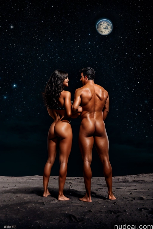 ai nude image of they are standing on the beach looking at the moon pics of 18 Nude Bright Lighting Oiled Body Lipstick Tanned Skin Beautiful Perfect Boobs Muscular Perfect Body Abs Woman + Man Two Ahegao Black Hair Bangs Latina Stargazing Moon Back View Straddling