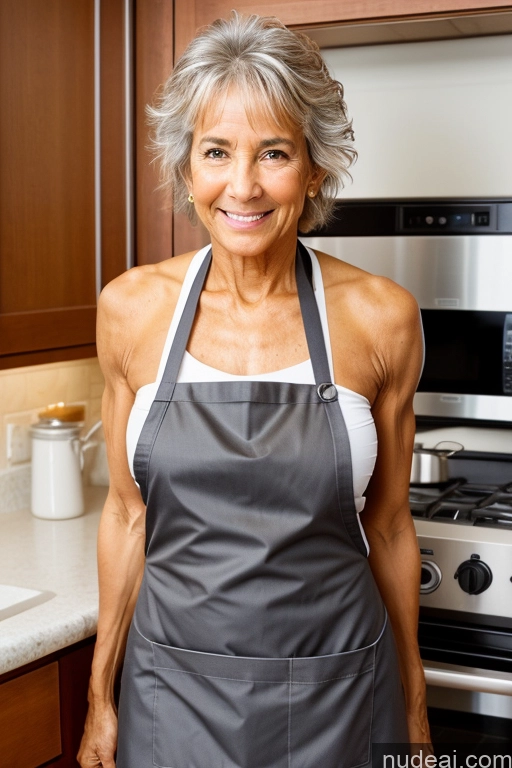 ai nude image of smiling woman in apron standing in kitchen with stove and oven pics of Small Ass Skinny Abs Perfect Boobs Skin Detail (beta) Tanned Skin Beautiful Athlete 70s Sexy Face Messy Cooking Apron