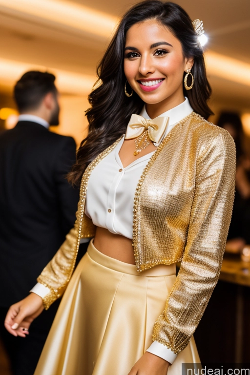 ai nude image of araffe woman in a gold jacket and skirt posing for a picture pics of Woman 20s Happy Brunette White Club Blouse Bows Bow Tie Jacket Long Skirt Tie Diamond Jewelry Gold Jewelry Jewelry Pearl Jewelry