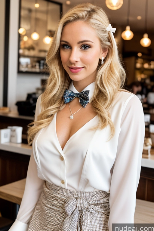 ai nude image of blonde woman with blue bow tie posing in a restaurant pics of Woman 20s White Blouse Bows Bow Tie Jacket Long Skirt Tie Diamond Jewelry Pearl Jewelry Blonde Straight Small Tits Skinny Fairer Skin Cafe