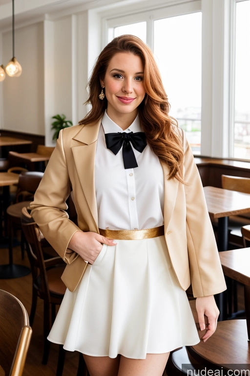 ai nude image of there is a woman standing in a restaurant wearing a skirt and jacket pics of Woman 20s Ginger Straight White Cafe Blouse Bows Bow Tie Jacket Long Skirt Tie Diamond Jewelry Gold Jewelry Jewelry Pearl Jewelry