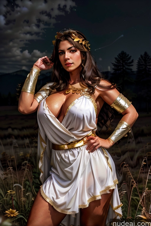 ai nude image of arafed woman in a white dress posing in a field pics of Milf One Busty Big Ass 70s Brunette Long Hair Indian Cleavage Meadow Dark Lighting Roman Toga