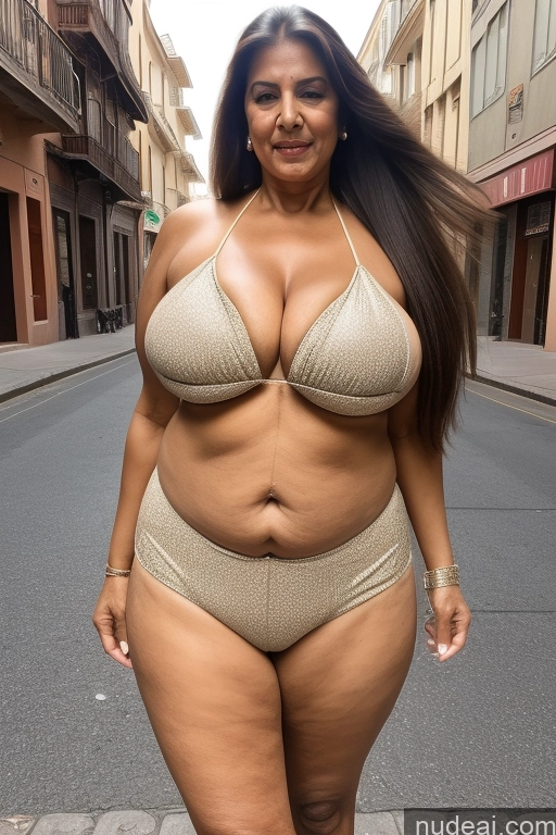 ai nude image of araffe woman in a bikini posing for a picture in the street pics of Milf One Busty Big Ass Long Hair Indian Cleavage Brunette Street 70s JK Tight Bikini Top [Underboob + Skindentation]