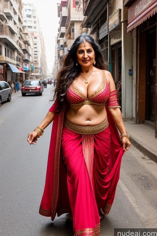 ai nude image of araffe woman in a red sari walking down a street pics of Milf One Busty Big Ass 70s Long Hair Indian Cleavage Dance Dress: Belly Dance Street