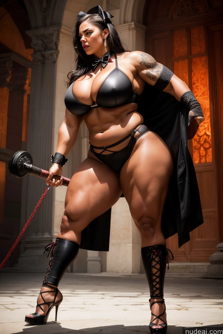 ai nude image of arafed woman in a black outfit holding a sword and a sword pics of Bodybuilder Huge Boobs Tattoos Muscular Big Ass Abs Thick Chubby Fat Big Hips Long Legs Tall Angry Black Hair Straight Italian Bdsm Bows Dominatrix Goth High Heels Sports Bra Stockings